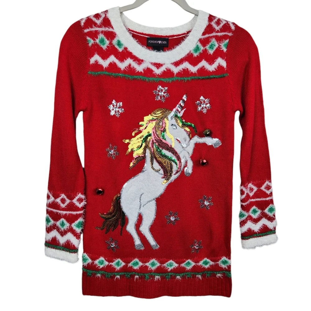 Ugly Christmas Sweater UCS Dress Cute Unicorn Faux Fur Jingle Kids Size Medium